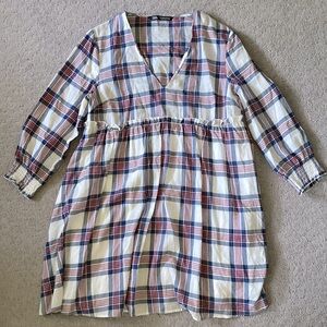 ZARA linen-blend plaid babydoll tunic dress, Small.
